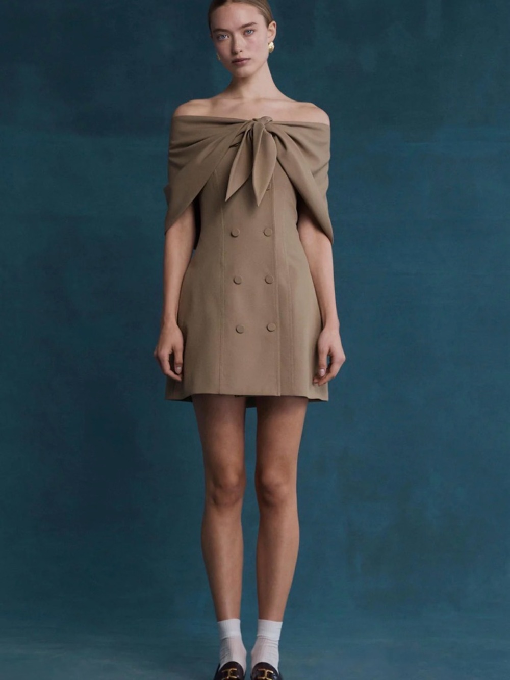 NWT Lovaan Carmen Tailored Off-Shoulder Tie-Front Mini Dress Taupe size 8 $450